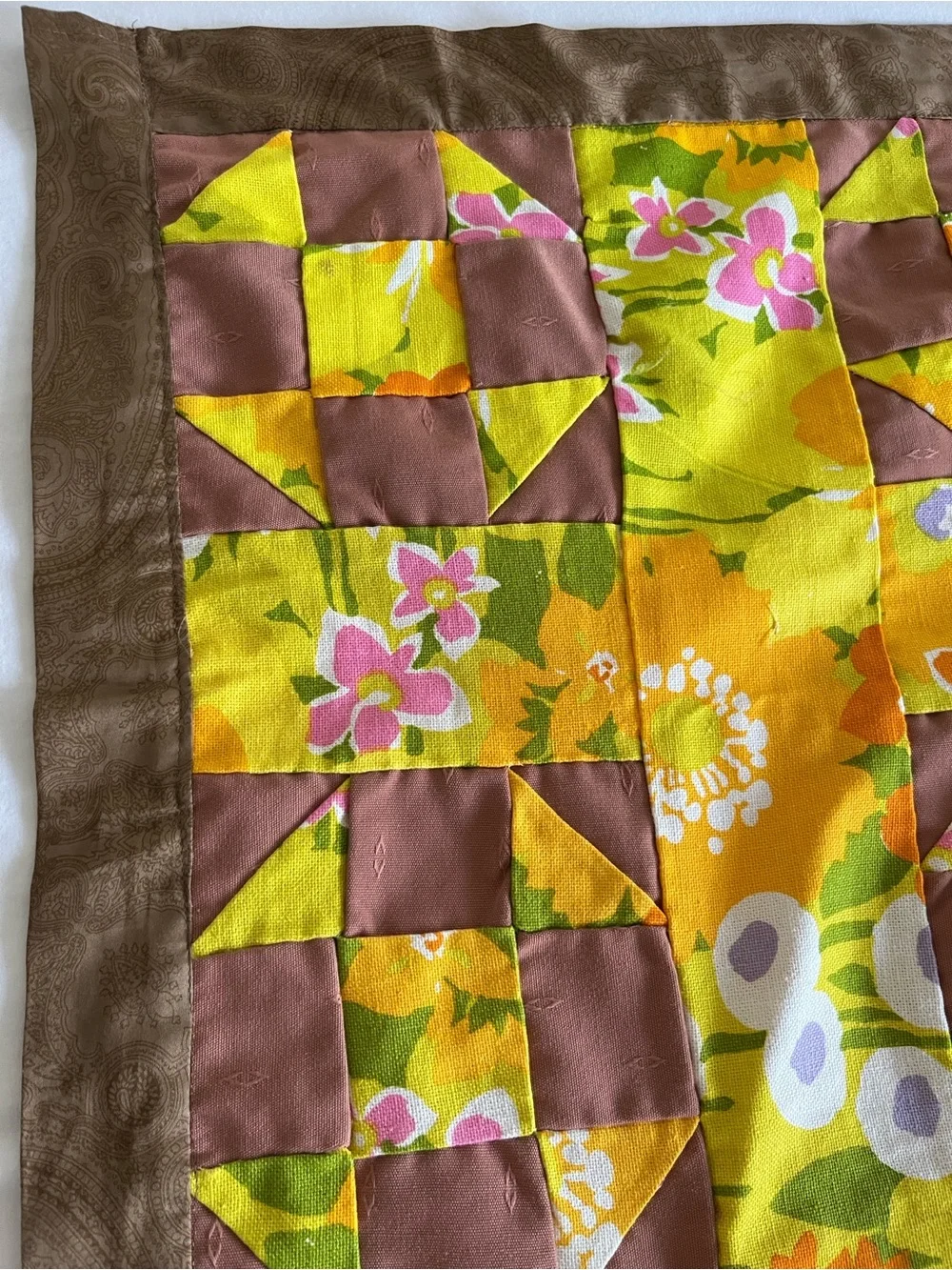 Vintage Vibrant Floral Patchwork Quilt Mid-Century Colors Yellow & Brown 64x80